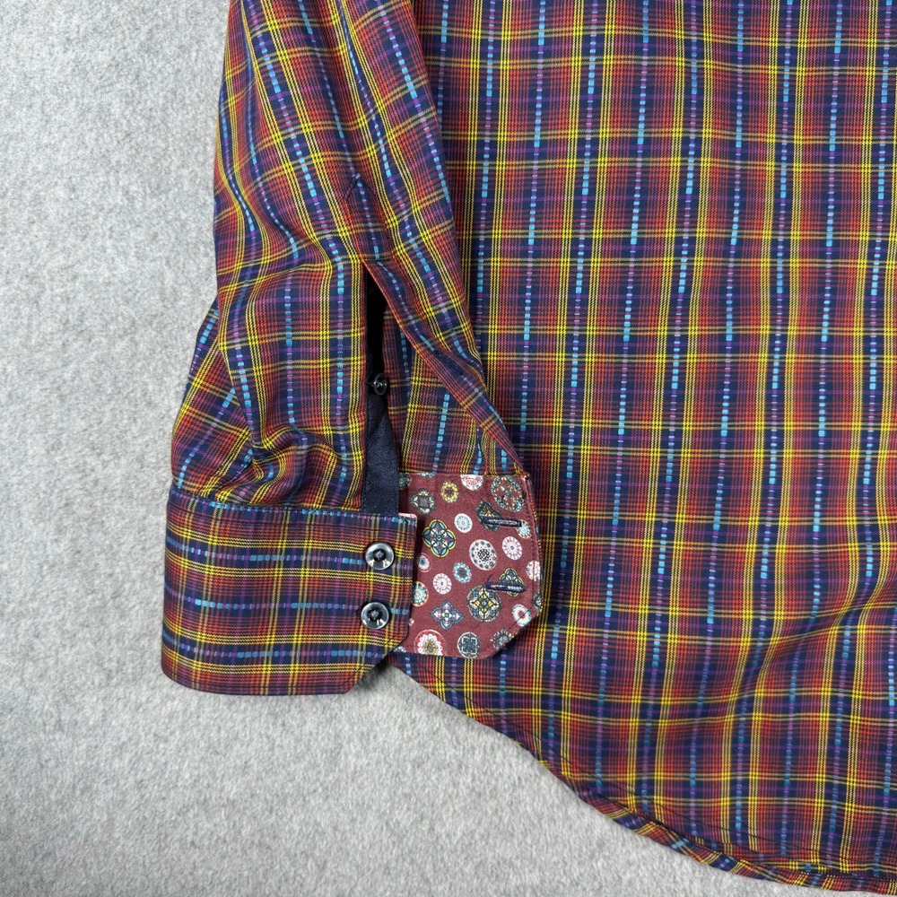 Robert Graham Flip Cuff Shirt Mens L Red Blue Plaid Cotton Long Sleeve - Picture 5 of 9